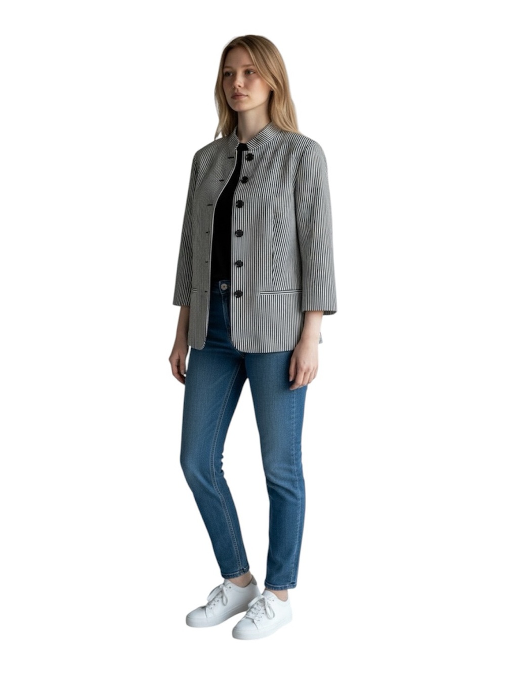 Chaps Women’s Black/White Vertical-Stripe Button Jacket
Size 16 W
NWOT